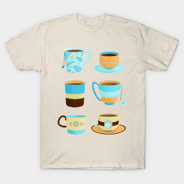 Blue and tan retro tea cups T-Shirt by Home Cyn Home 
